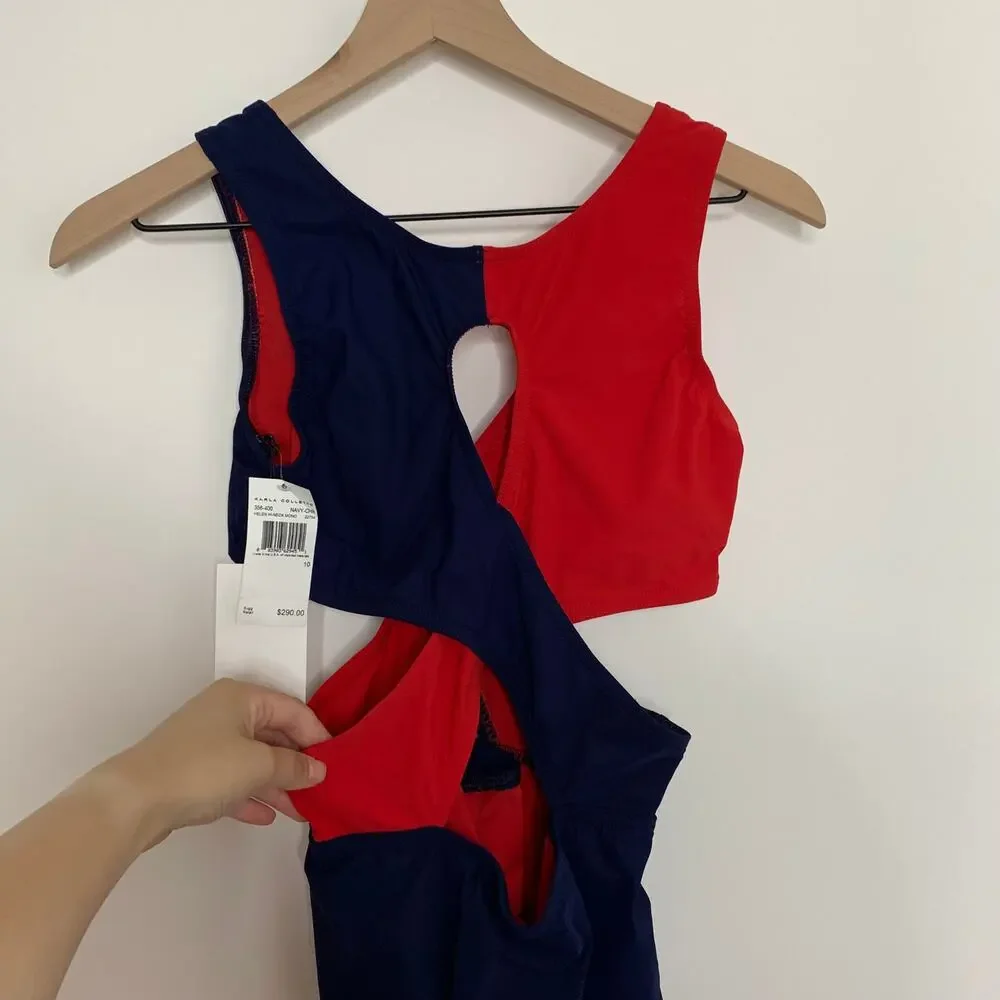 Karla Colletto Helen High-neck Mono Red Navy One Piece Swimsuit New  Size 10